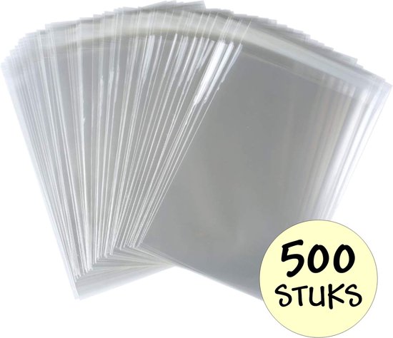 Grote hoeveelheid doorzichtige zakjes met plakstrip, met '500 STUKS' in een gele cirkel.