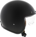 Matzwarte helm met opklapbaar vizier en witte stiksels langs de rand.