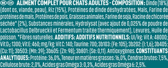 Lijst met ingrediënten voor volwassen kattenvoer van Purina One, met o.a. kalkoen, rijst en mineralen.
