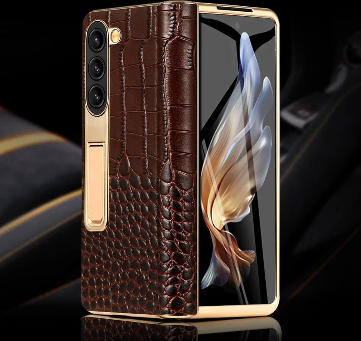 Echt Leren Telefoonhoes Geschikt voor Samsung Galaxy Z Fold 6 - Back Cover met Gelaagd Glazen Spiegelfolie, Schokbestendige Bescherming en Luxe Design , telefoon bescherming , telefoon accessoire