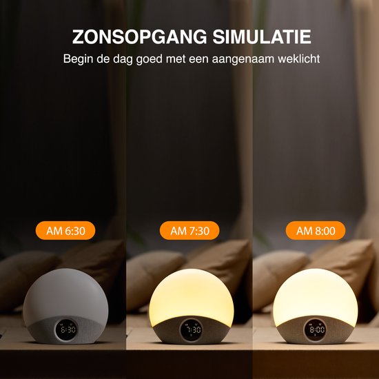 Tijdlijn van zonsopgang simulatie: de wekkerlamp gaat van grijs naar geel en is volledig verlicht om 8:00 uur.