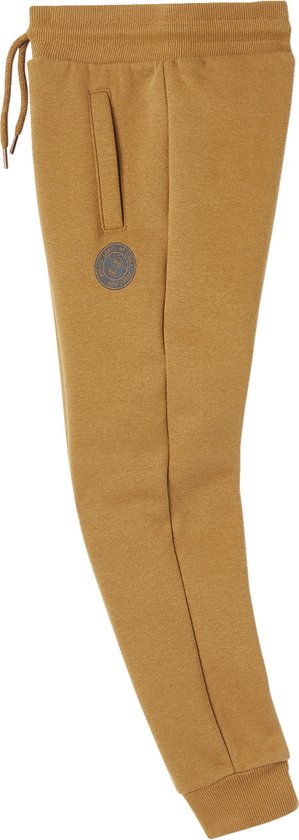 Bruine joggingbroek met tunnelkoord, zijzakken en een ronde applicatie op de linkerheup.