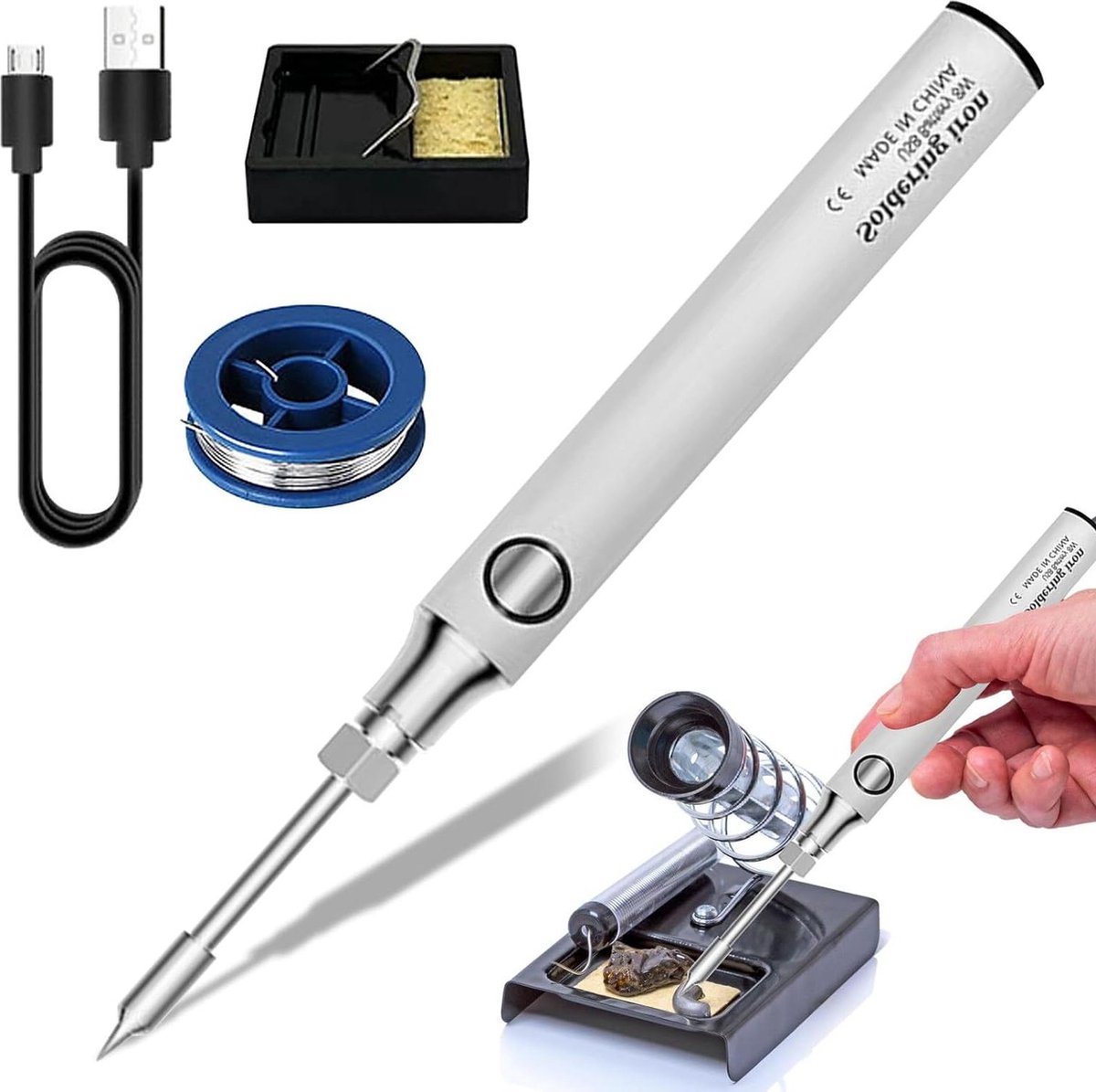 Mini soldeerboutset - draagbare USB soldeerbout 5V 8W - oplaadbare lasstift - instelbare temperatuur 300-450 °C - met reservemesoldeerpunten soldeerbouten