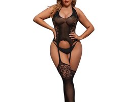 LekkerStout Plus Size Body met Jarretels - Zwart - Sexy Lingerie | M-XL | ( LS017 )