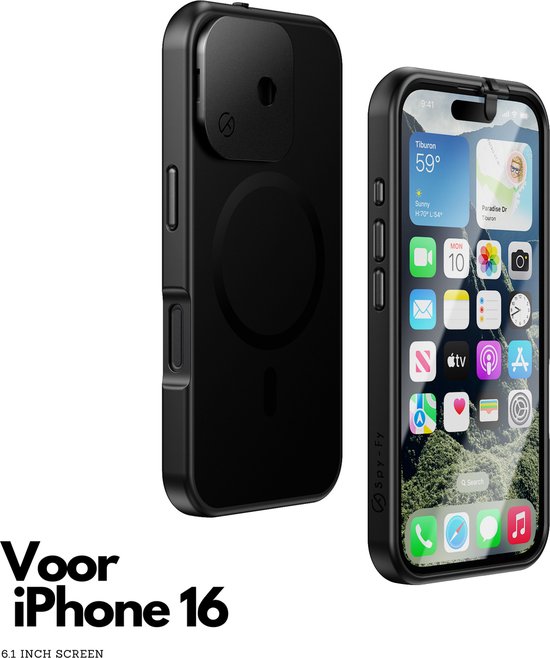 Spy-Fy - Coque iPhone 16 avec caches d'appareil photo à l'avant et à l'arrière | Protège votre vie privée et vos Caméras | Étui de confidentialité Zwart