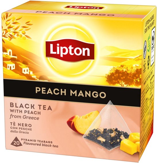 Lipton Peach & Mango - 80 Theezakjes Piramid - Zwarte Thee Perzik & Mango - 4 x 20 Zakjes - Voordeelverpakking
