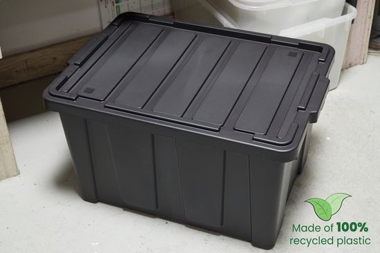 Zwarte opbergbox met deksel, gemaakt van 100% gerecycled plastic.