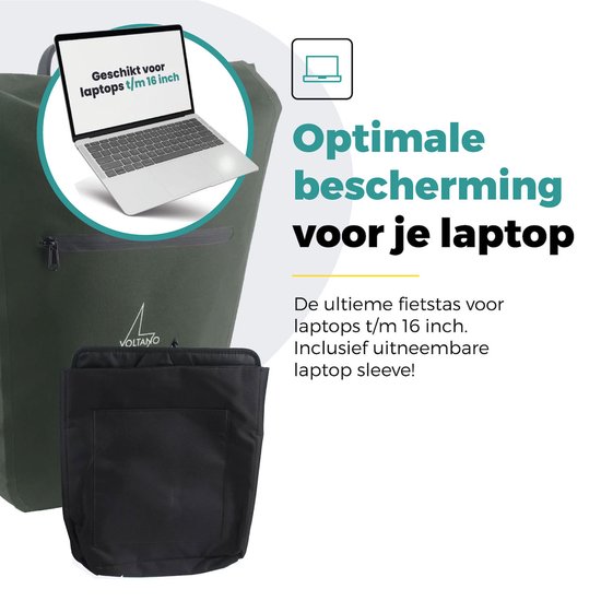 Voltano Luxe E-bike Fietstas 28L - Olijf Groen - Pakaftas Met Laptop vak - 100% Waterdicht - Met Gratis Schouderband van Voltano — afbeelding 2