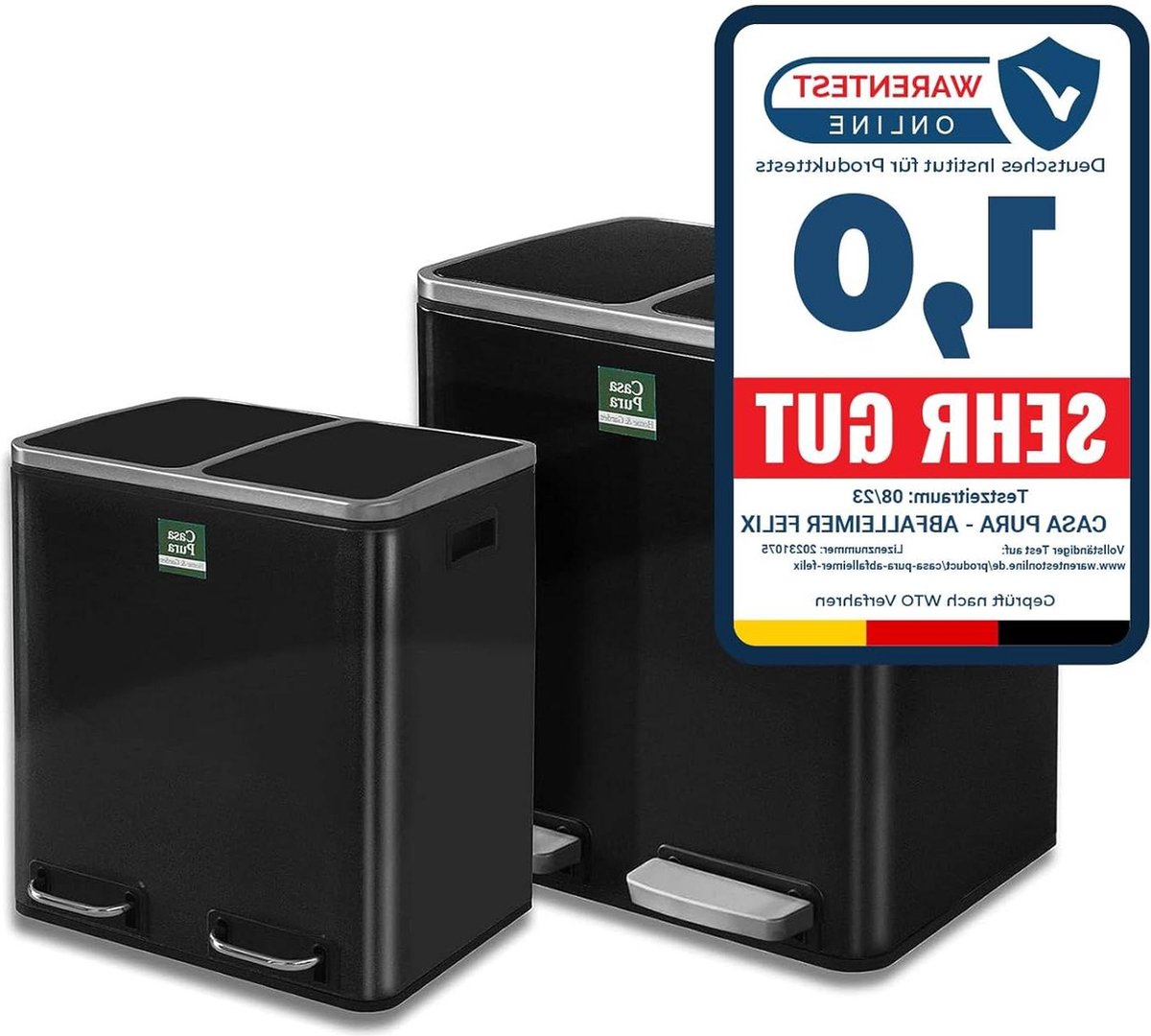 Goedkoopste Roestvrij staal vuilnisbak met 2-voudig scheidingssysteem en sluitdemper - 30 of 60 liter (2 x 15 liter zwart) vuilnisbak 60 liter