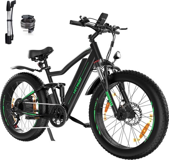 Hitway Elektrische Fiets BK9 - Trendy 26*4.0 Inch Fatbike - Mountain Snow EBike met Afneembare 48V 15Ah Lithium Batterij - City Commuter E-Bike met 250W Motor - 7 Versnellingen - IP54 Waterdicht
