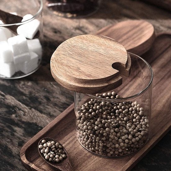 Suikerpot, Bamboe Houten Kruidenpot, Keramische Zoutcontainer Kruiderijpotten Met Bamboe Deksel En Keramische Lepel Voor Thuis En Keuken-Set of 2