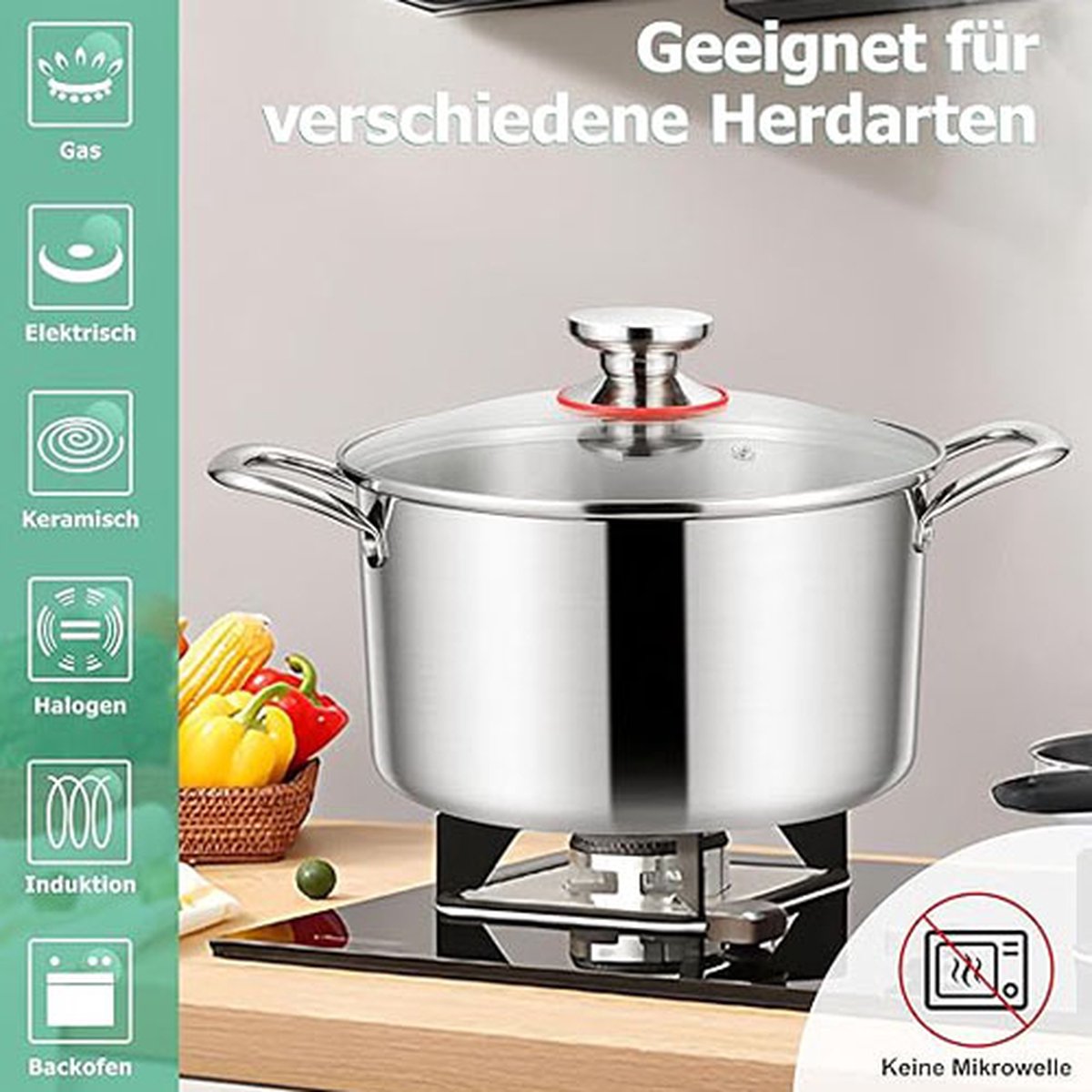 Marmite En Acier Inoxydable 5 Litres 24 Cm Avec Couvercle Verre - Compatible Induction - Soupière Avec Échelle De Mesure