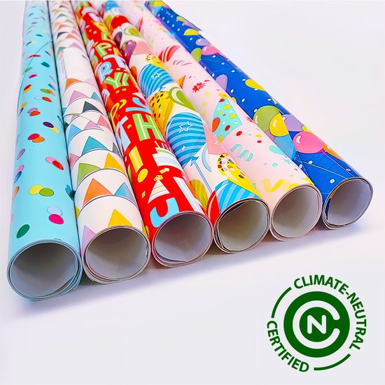 Foto: Inpakpapier 6 rollen duurzaam fsc plasticvrij klimaat neutraal gecertificeerd cadeaupapier 200x70cm verjaardag party assortiment