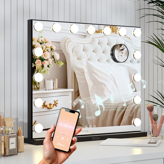 Mirlux Hollywood Spiegel 58x48CM - 2 Bluetooth Speakers - USB & USB-C oplaadpoort - 10x Zoom - 3 Dimbare lichtstanden - Make Up Spiegel - LED Verlichting - Ophangbaar - Zwart