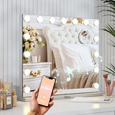 Mirlux Hollywood Spiegel 58x48CM - 2 Bluetooth Speakers - USB & USB-C oplaadpoort - 10x Zoom - 3 Dimbare lichtstanden - Make Up Spiegel - LED Verlichting - Ophangbaar - Wit