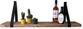 Wandplank Steigerhout 70 cm met Zwarte leren Riemen Meubelzwagerij