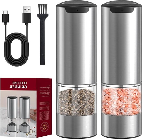 Sangcon Electric Salt and Pepper Mill Set, 2 Speed Rechargeable 6 Levels, Externally Adjustable, Coardeness, Automatic Salt Mill Mill with Storage