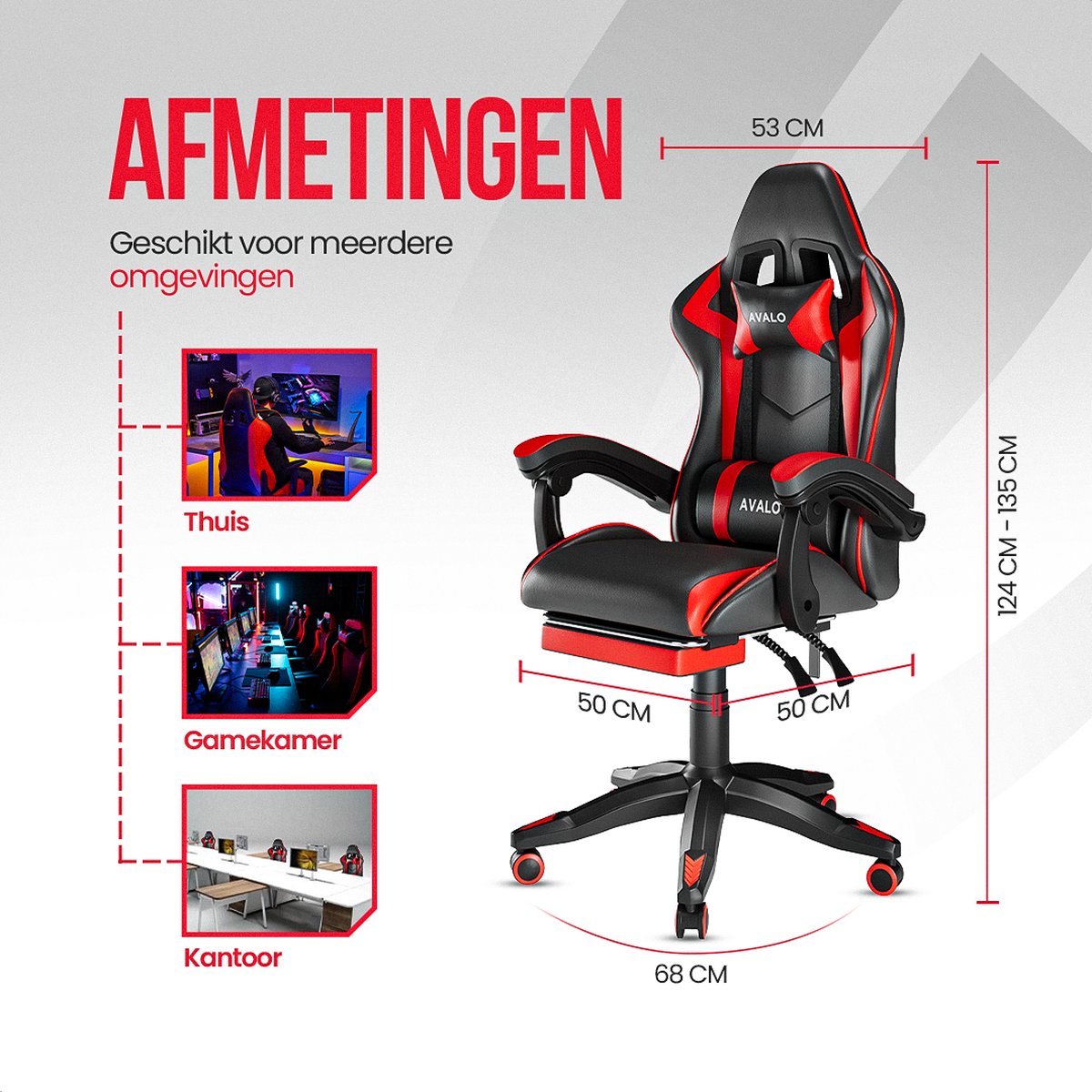 Avalo Gaming Stoel - Gamestoel Ergonomisch Verstelbaar - Zwart/Rood thumbnail 6