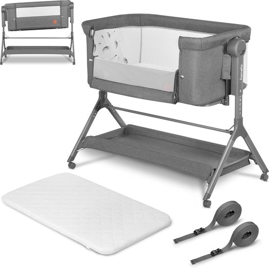 lionelo Leonie Plus Lit Bébé 3 en 1 Jusqu'à 9kg, Lit Bébé Cododo et Berceau, Hauteur Réglable, Parois Aérées, Côté Amovible, roulettes Freinées, Grand Panier