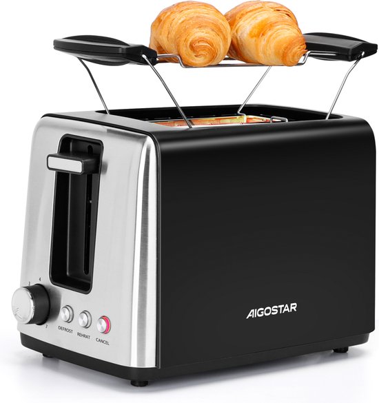 Foto: Aigostar 30a49 delish broodrooster toaster 2 extra brede sleuven met externe grill 7 warmteniveaus reheat en ontdooi functie 750w zwart