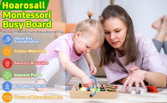 Montessori activiteitenbord met LED lichtschakelaar voor 1-4 jarigen van Tiny Adventures. — afbeelding 2