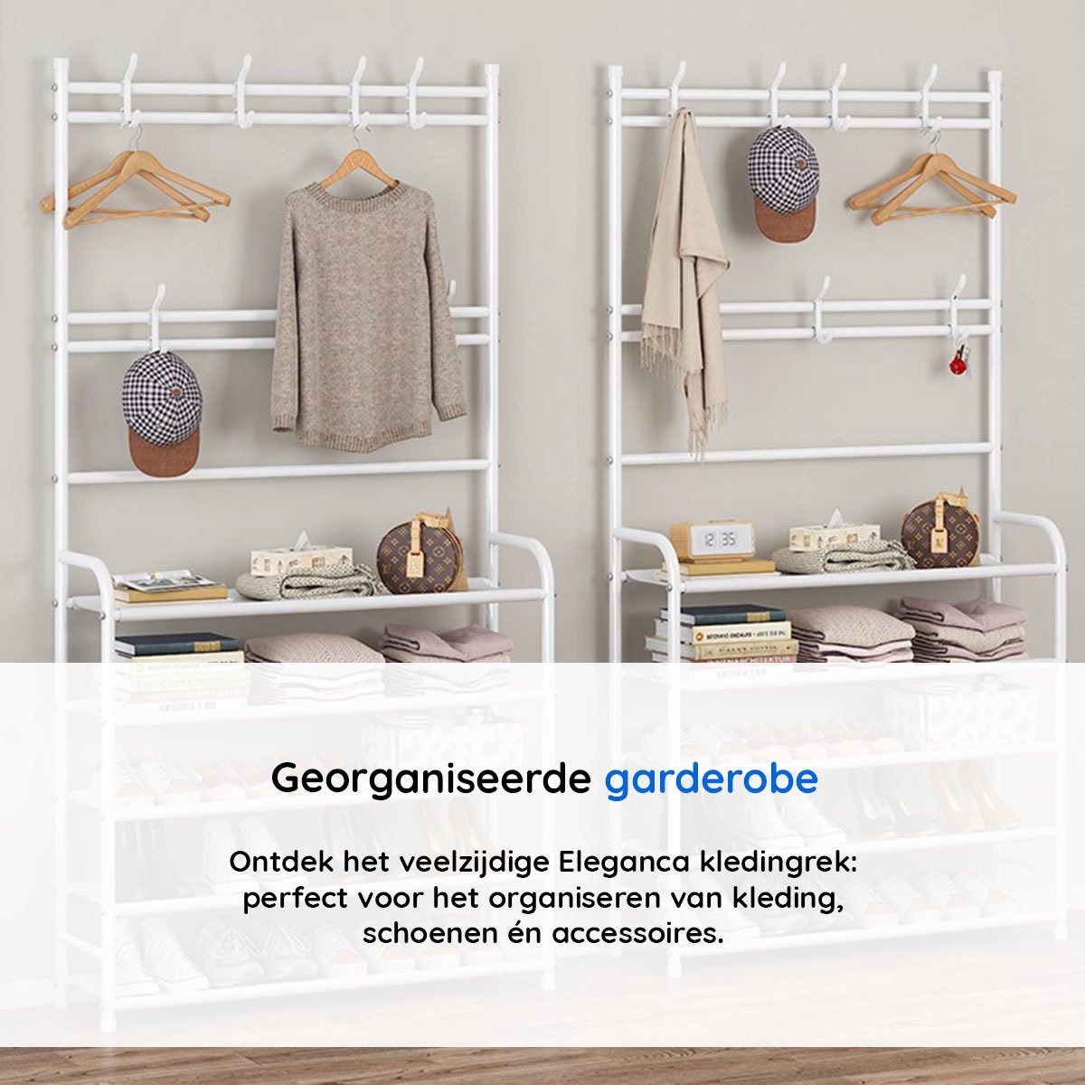 Eleganca Kledingrek - H153 x B60 x D26 cm - Schoenenrek - Garderoberek met Schoenenplank - Ruimtebesparend - 2-in-1 Hangerrek - 5 Planken - Metaal - Wit – foto 5