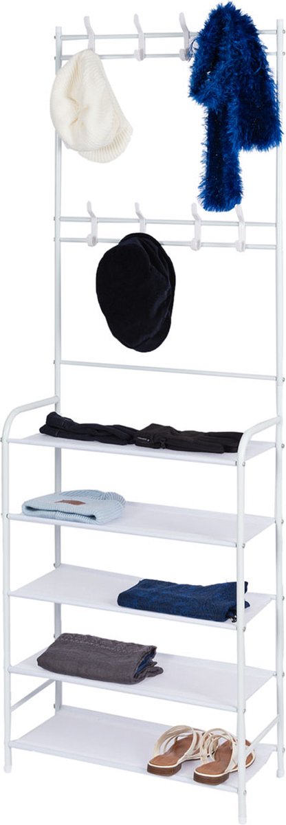 Eleganca Kledingrek - H153 x B60 x D26 cm - Schoenenrek - Garderoberek met Schoenenplank - Ruimtebesparend - 2-in-1 Hangerrek - 5 Planken - Metaal - Wit – foto 3