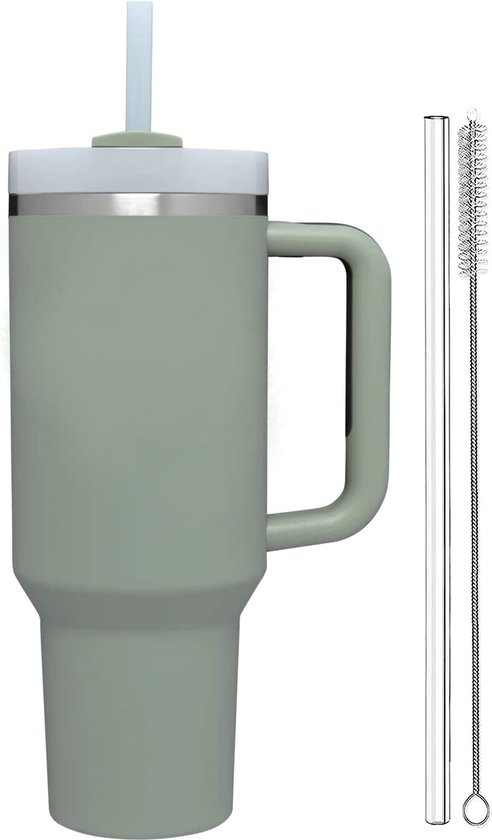 Foto: Drinkfles 1 2l met handvat en rietje waterfles drinkbeker volwassenen tumbler thermosbeker travel mug koffie to go koffiebeker geschikt voor in de auto camping fitness thermoskan bidon moederdag cadeautje