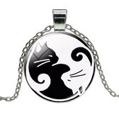 Fako Bijoux® - Collier - Cabochon - Yin Yang - Chats - Noir / Blanc