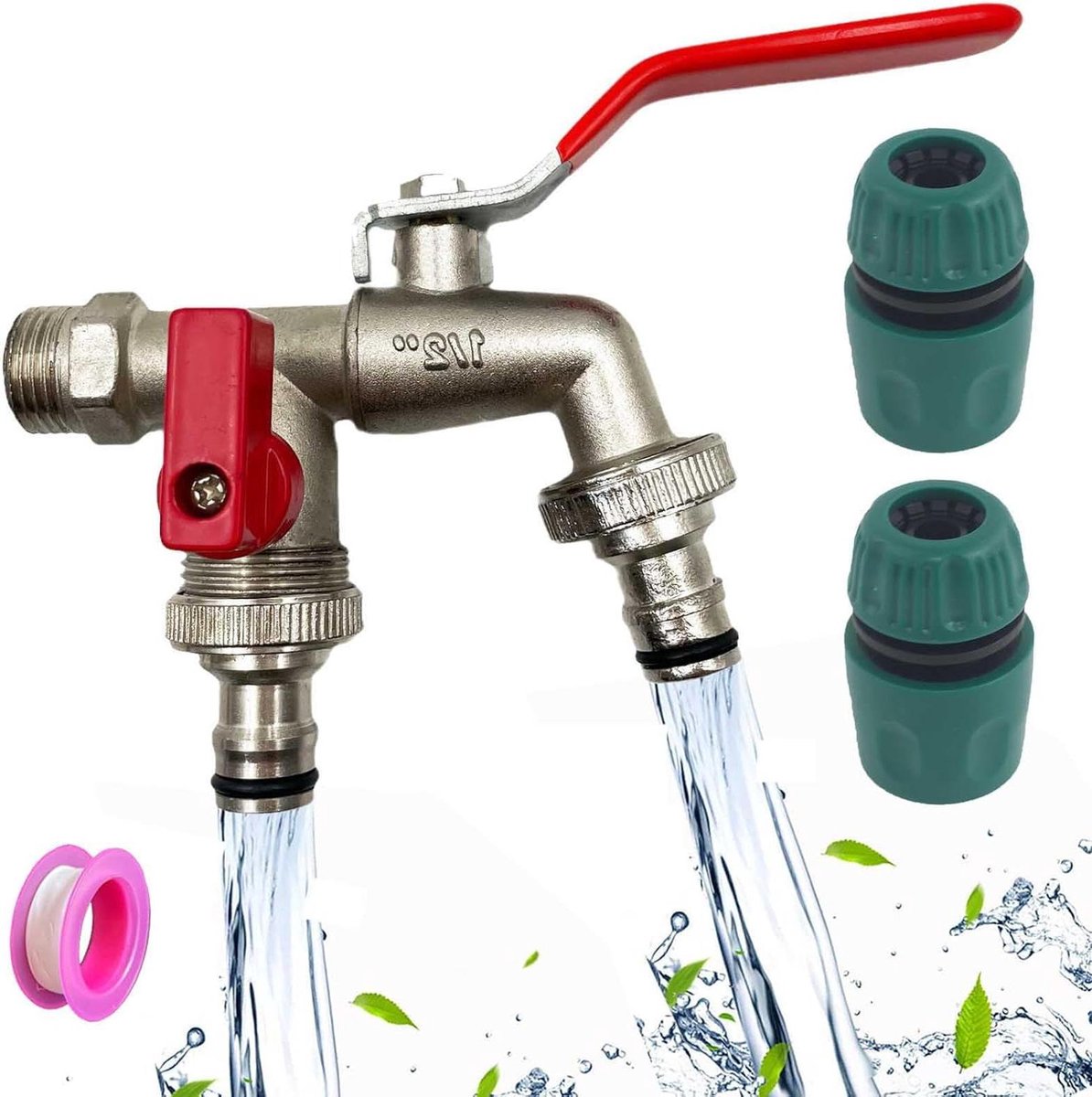 Waterkraan voor de tuin Universeel 1 2 inch Tuinkraan met dubbele kogel uitloopventiel Irrigatiesysteem en regenton 2 x slangaansluiting 1 2 inch + 1 x rolafdichtband Buitenkraan