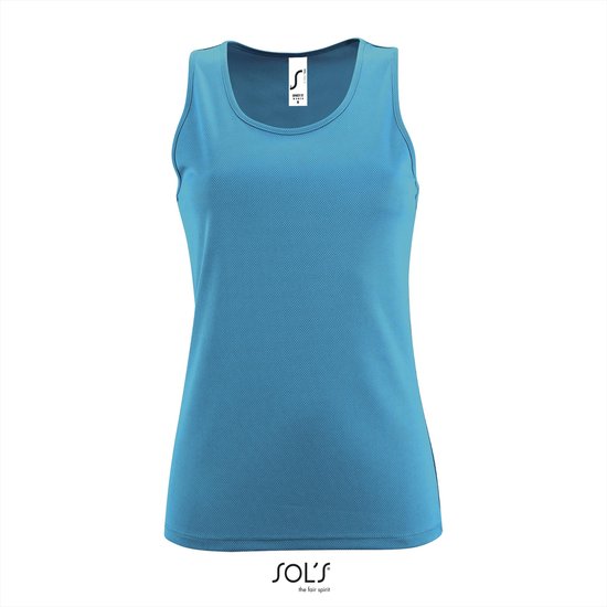 Blauwe sporttanktop voor dames met een lichte textuur, ronde hals en merklogo op de borst.