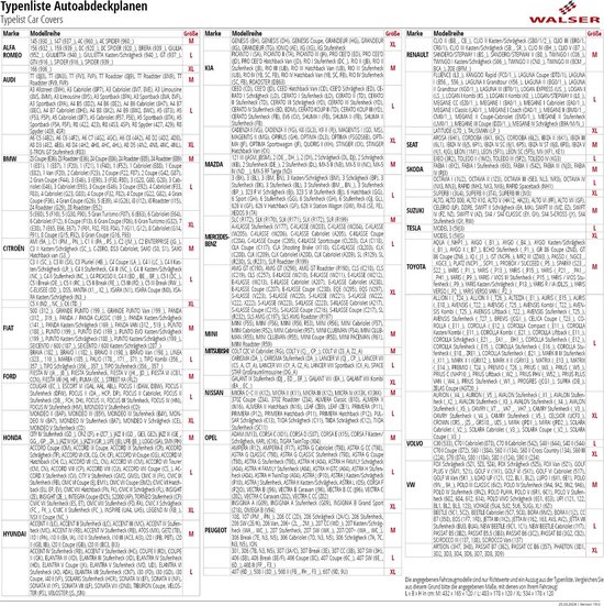 Lijst met automodellen per merk (Alfa Romeo, Audi, BMW, etc.) en hun passende autoverdek maat.