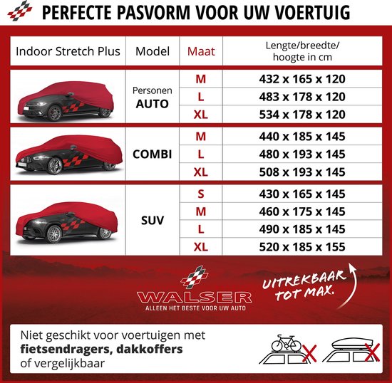 Tabel met maten voor Walser Indoor Stretch Plus autoverdekkingen voor auto, combi en SUV. Niet geschikt voor fietsendragers of dakkoffers.