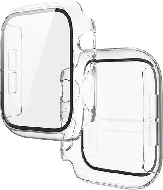 Twee transparante hoesjes met een zwarte rand voor een Apple Watch.