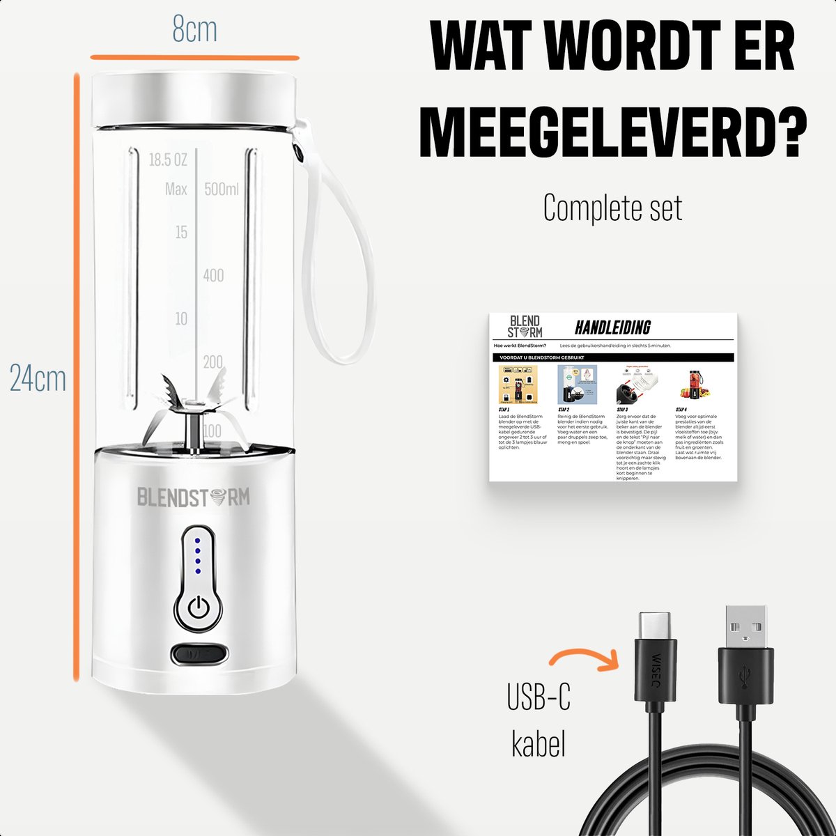 BlendStorm® Draagbare Blender - Draadloze Blender - Draadloos - Blenders - Blender To Go - 6 Mesjes - Mini Blender - Smoothie Maker - Juicer - Keukenmachine - USB Oplaadbaar - 500 ml - Wit – foto 7
