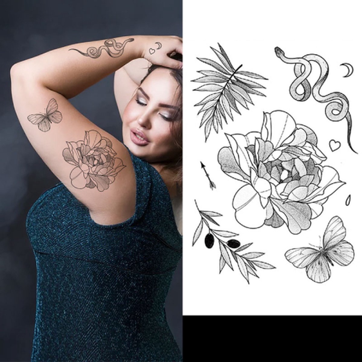 Temporary Tattoo Bloemen/Slang/Vlinder/Takken (A5 formaat) [Neptattoo - Tijdelijke tatoeage - Nep Fake Tattoos - Water Overdraagbare Sticker Henna - Glitter Tattoo Set - Plak Tattoos - Nep Tatoeage - Festival Tattoes]