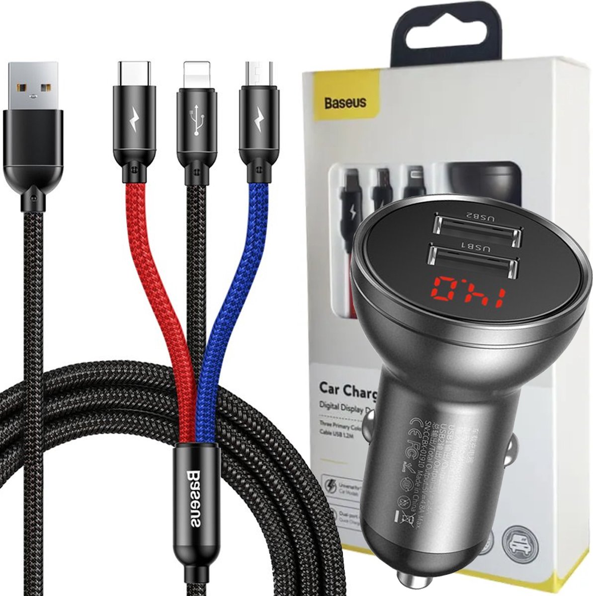 Baseus Digital Display Autolader - Dual USB - 3-in-1 Kabel van 1.2 meter