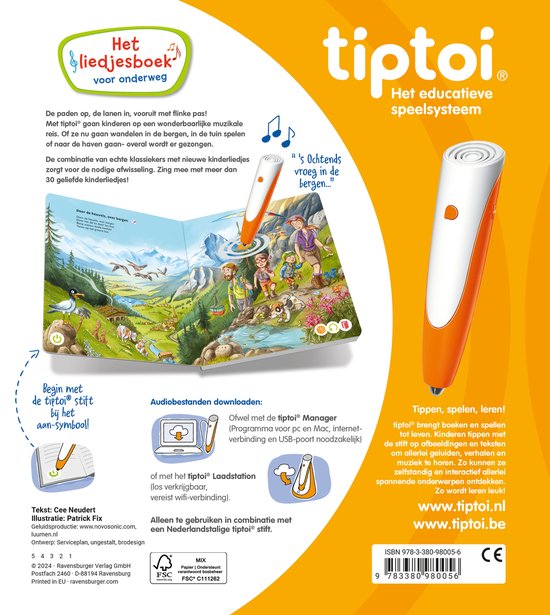 Achterkant van het boek met informatie over het tiptoi® speelsysteem, illustraties en de tekst 'Het liedjesboek voor onderweg'.