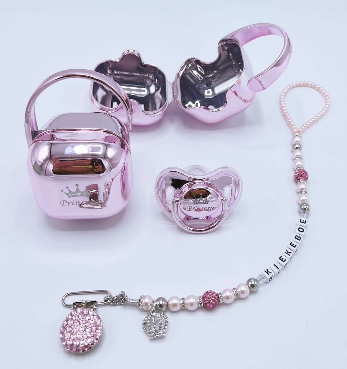 Roze speen, roze speenkoord en roze speenhouder, roze speenkoordPr - luxe fopspeenset - kan ook rechtstreeks als cadeau worden verstuurd - kraamkado - babyshower - gender reveal - speen voor baby meisje
