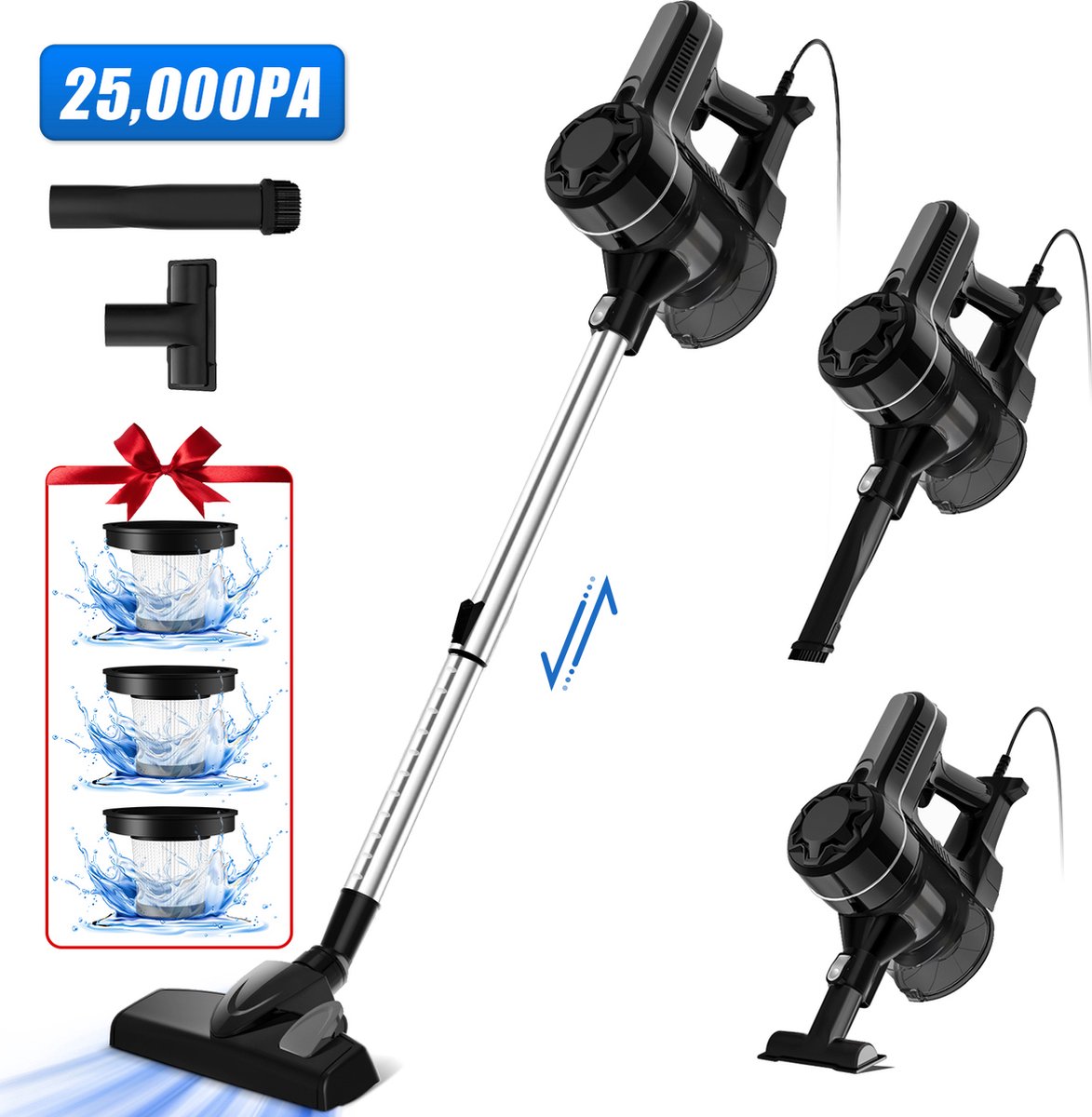 Elekiatech Steelstofzuiger 25000Pa 5m Snoer 600W 4 In 1 HEPA Filter 1.3L Capaciteit