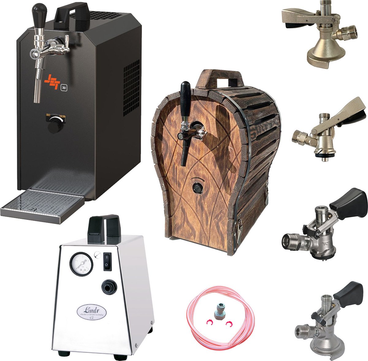 Ich-zapfe Complete Set Biertap JET 30 1-kraans 35 liter uur met 4xFustkoppeling en houten vat Droogkoeler Thuistap Bierkoeler