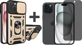 BixB hoesje met Privacy screenprotector van gehard glas Geschikt voor iPhone 15 met Ringhouder en Camera schuifje backcover - Goud
