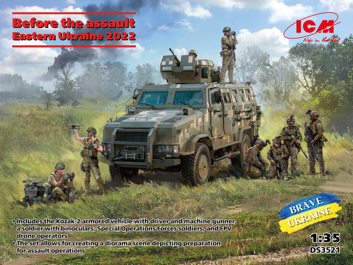 ICM Modelbouwpakket Militaire voertuigen - DS3521 Vóór de aanval. Oost-Oekraïne 2022 - Kozak Voertuig en Soldaten Figuren Plastic - 1:35 - Modelbouw