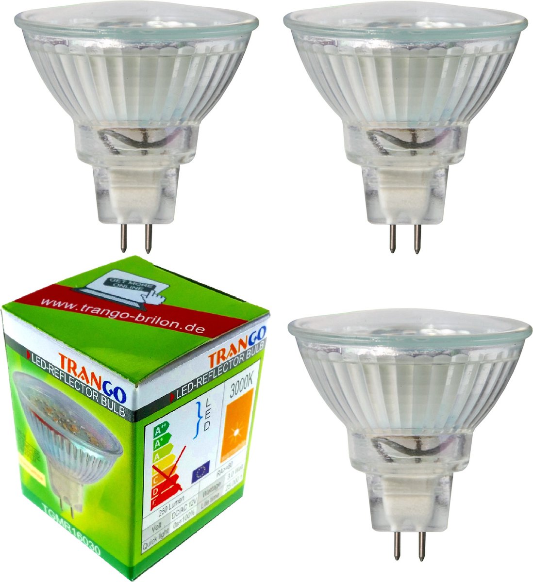 Trango Set van 3 LED-lampen MR16030*3 met MR16-fitting ter vervanging van conventionele halogeenlampen MR16 I GU5.3 I G4 12 Volt 3000K warmwitte gloeilamp, reflectorlamp, LED-lampen