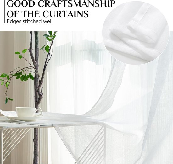 Rideaux transparents avec passe-tringle, Look lin Witte , rideau en voile, court, 160 cm de haut pour chambre à coucher, Décoration de fenêtre, 140 cm de large, Set de 2