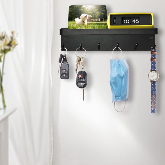 Sleutelrekje Met Legplank - Zwart Sleutelrek Voor Aan De Muur - 6 Haken Zwarte Organizer Sleutelrek Zonder Boren Wandmontage Voor Sleutels Geschikt Voor Opslag Bij De Ingang
