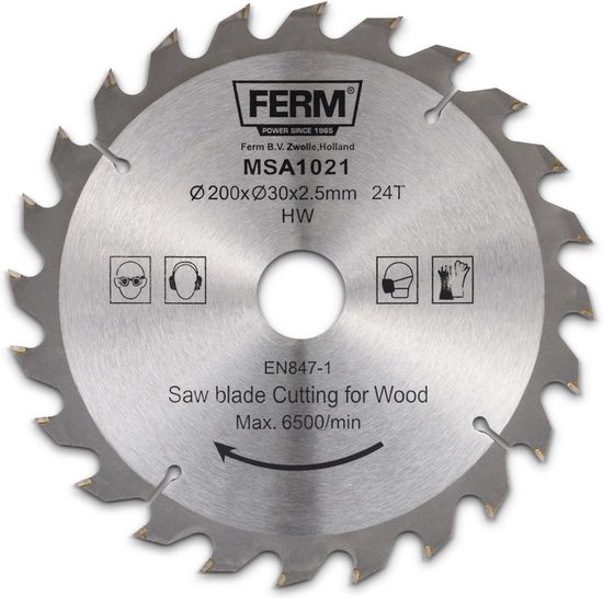 Foto: Ferm msa1021 zaagblad 200x30 16mm t24 tct tanden diameter 200mm asgat 30mm 16mm universeel voor het zagen van hout zeer geschikt voor tsm1036 zaagtafel