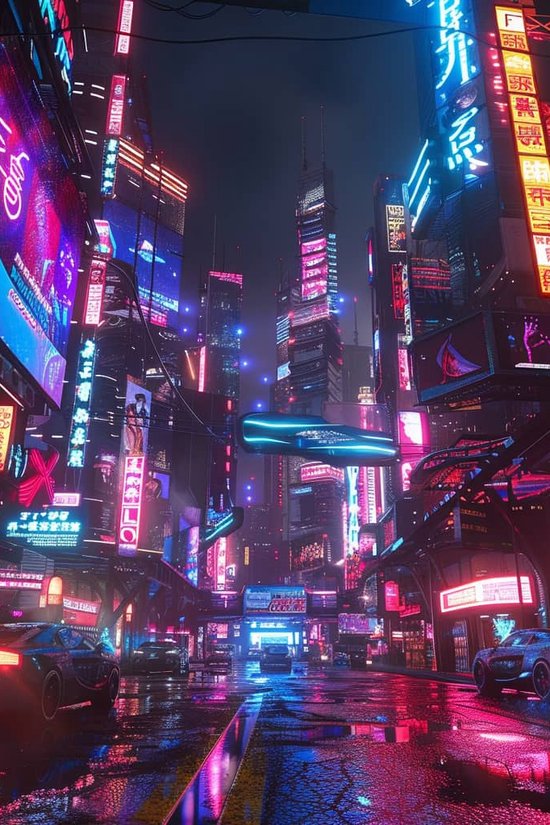 Cyberpunk Poster - Neon - Stad - Coole - Futuristisch - Kleurrijk - Sci-Fi - posters - formaat 50x70cm - Wanddecoratie - S3695BY