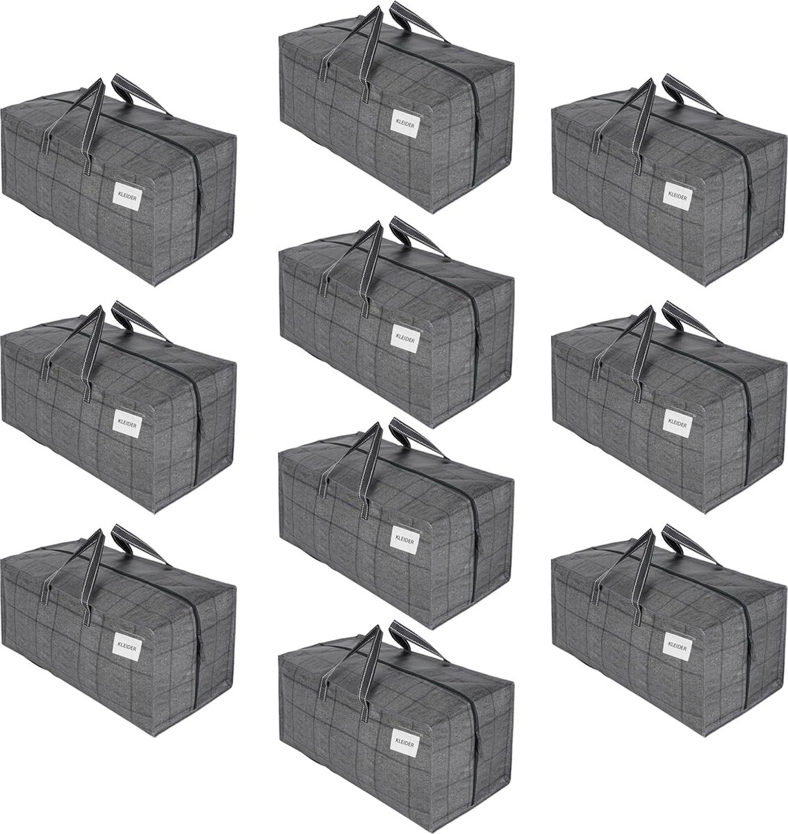 Set van 10 extra grote verhuistassen met rugzakriemen, verhuishulp, sterke handgrepen en ritssluitingen, kledingopslag, waszakken, herbruikbaar en duurzaam (grijs, verpakking van 10 stuks)