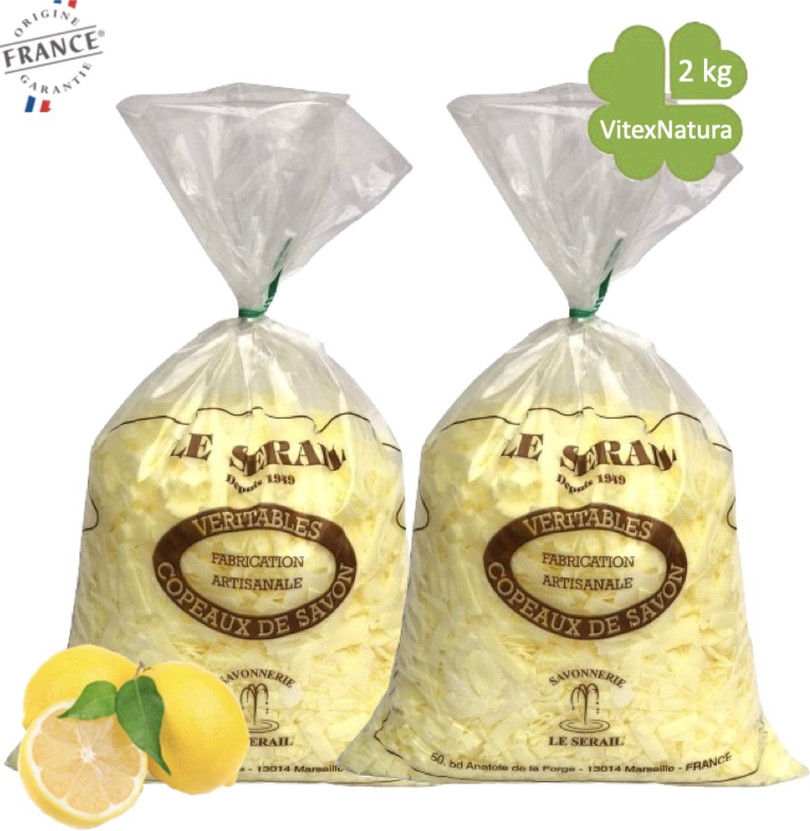 Goedkoopste Marseille zeepvlokken frisse citroen | 2x 1kg | Ecologisch en Milieuvriendelijk | Multifunktioneel | Le Serail